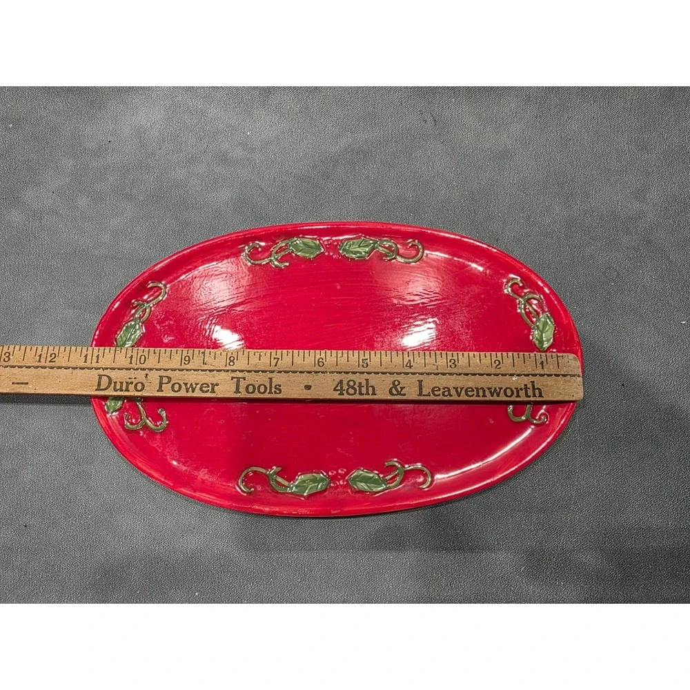 Red Ceramic Christmas Holly Leaf Oval Serving Platter Holiday Dish 12.5 Inch